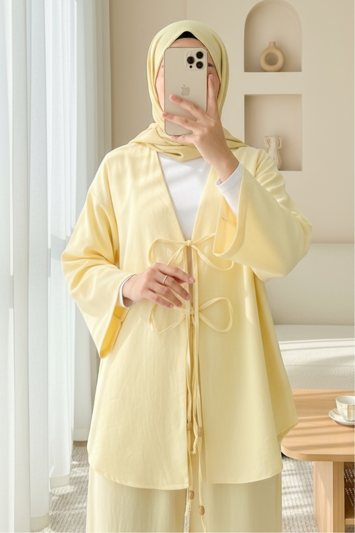 Önü Çift Bağlamalı Pantolonlu Kimono Takım       -Açık Sarı