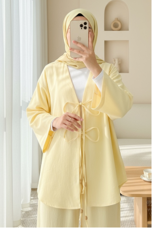 Önü Çift Bağlamalı Pantolonlu Kimono Takım       -Açık Sarı