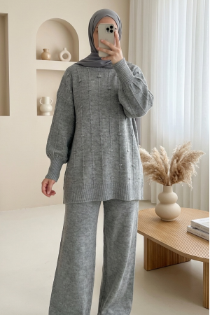 Soft Knit Sweater with Side Slits and Pompoms  -Grey