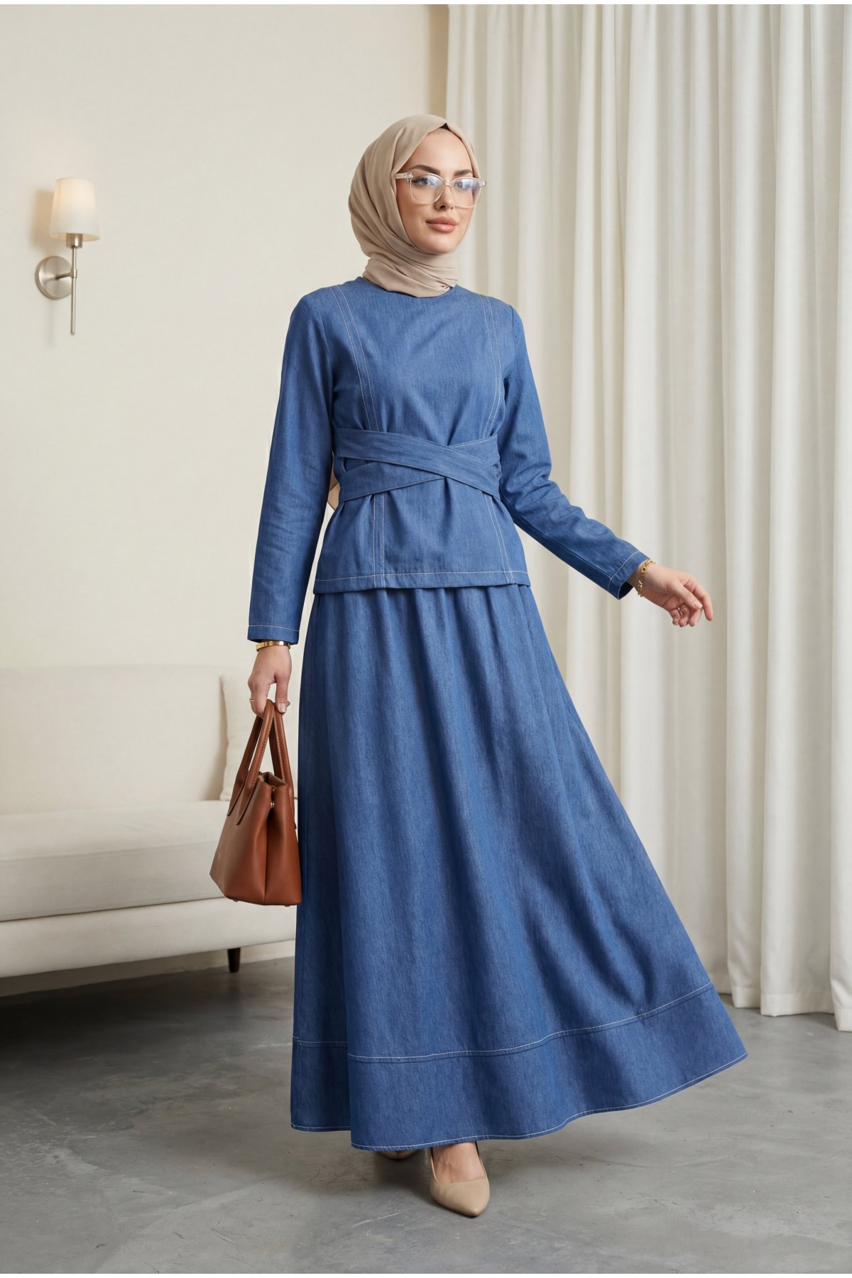 Round Neck, Cross-Tie Waist, Skirted Tencel Set -اللون النيلي