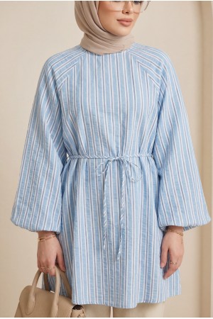 Balon Kol Belden Bağlamalı Astarlı Çizgili Tunik -Bebe Mavi