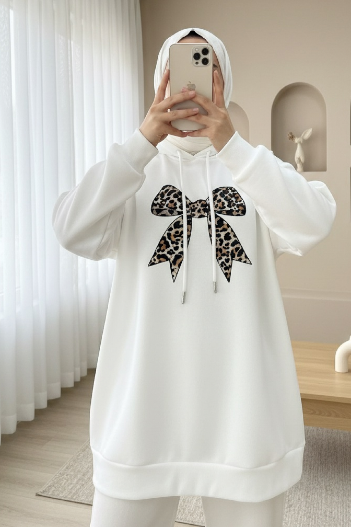 Bow Detailed Hooded Cotton Sweater -White