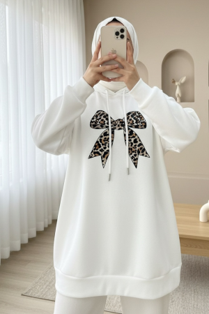 Fiyonk Detaylı Kapşonlu Penye Sweat -Beyaz