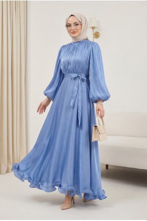 Eteği Volanlı Kemerli Janjan Şifon Elbise -Mavi