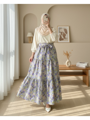 Beli Kemerli Çiçekli Parçalı Etek -Mor