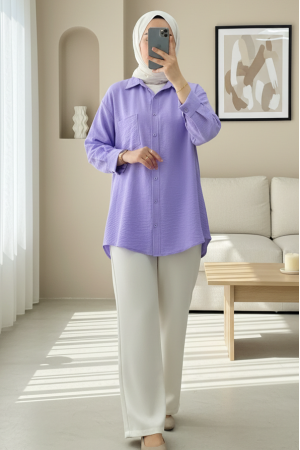 Tek Cepli Düğmeli Keten Gömlek -Lila