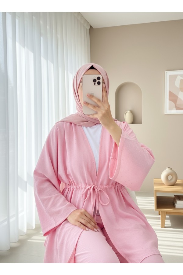Taşlı Bol Paça Pantolonlu Tünel Bağcıklı Kimono Takım -Pembe
