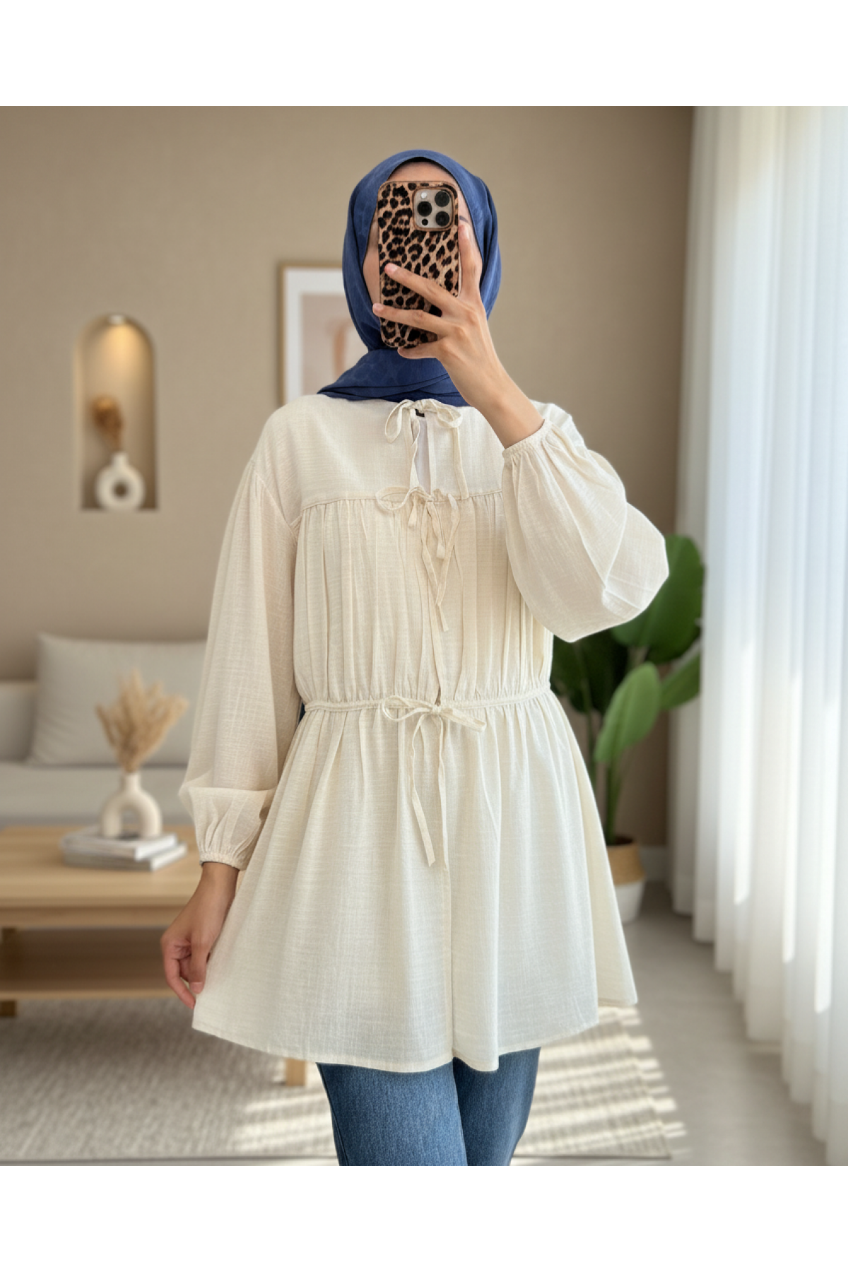 Tie Front Elastic Sleeve Shirt -Ecru