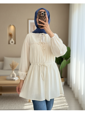 Önü Bağlamalı Kolları Lastikli Gömlek -Ekru