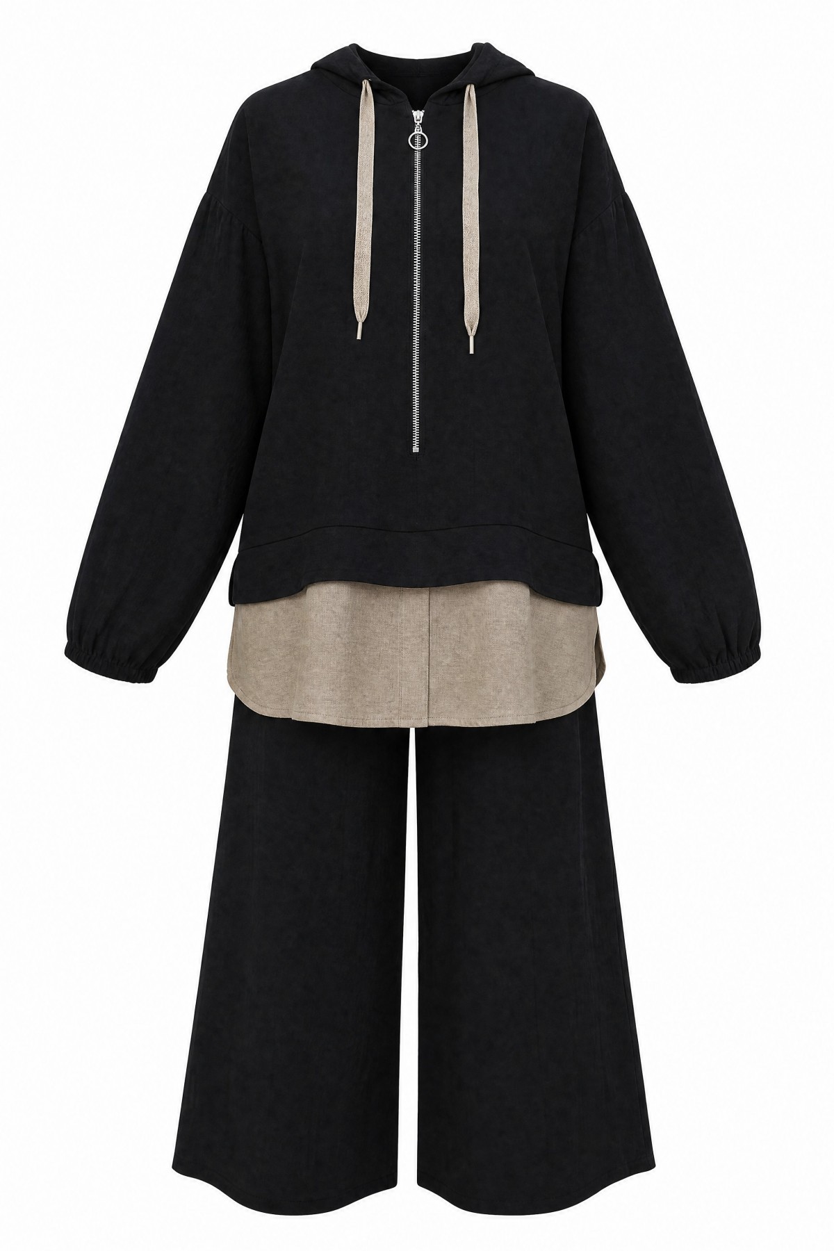 Strawberry Set with Half-Zip Hooded Sweatshirt, Elasticated Cuffs, and Wide-Leg Pants -Black detay görseli