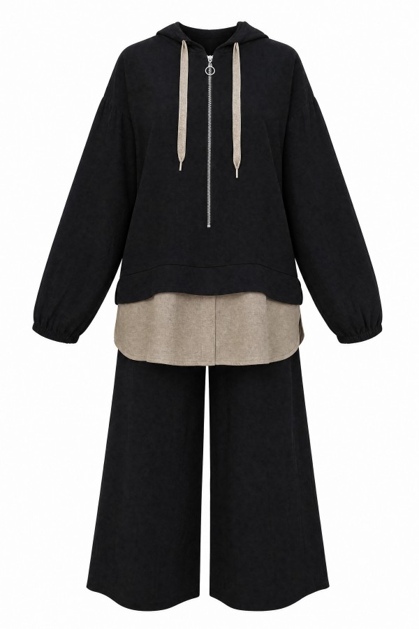 Strawberry Set with Half-Zip Hooded Sweatshirt, Elasticated Cuffs, and Wide-Leg Pants -Black