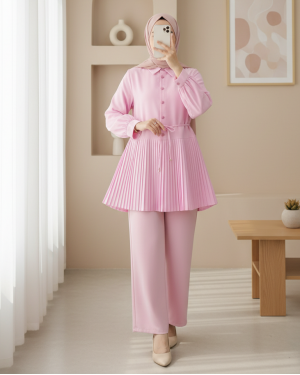 Yarım Düğmeli Beli Bağlamalı Piliseli Gömlek   -Pudra