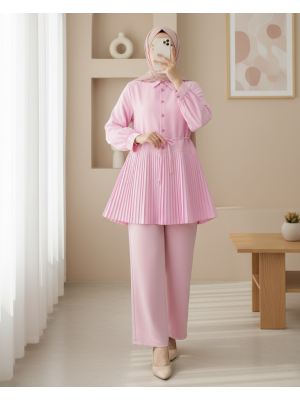 Half Buttoned Waist Tied Pleated Shirt  -Powder