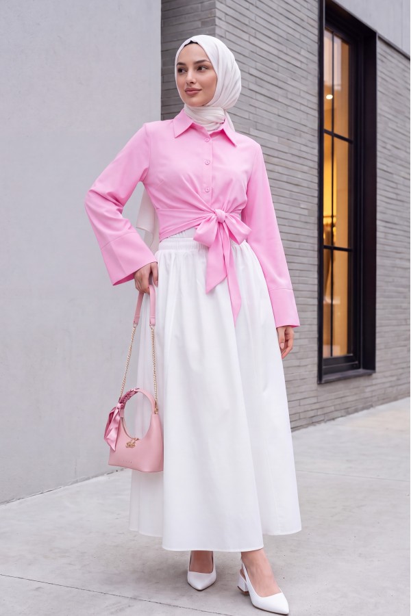 Side Tie Spanish Cufflink Shirt  -Pink