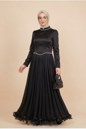 Üstü Saten Altı Janjan Şifon Taş Detaylı Volanlı Abiye -Siyah