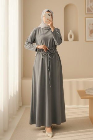 Draped  Waist Double Laced Selanik Long Dress -Grey