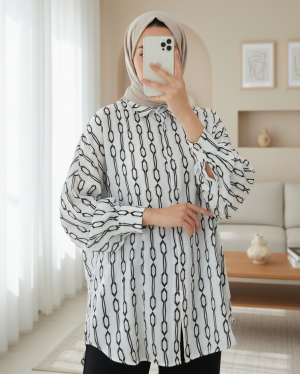 Kadın Siyah Beyaz Desenli Oversize Saten Gömlek 3985