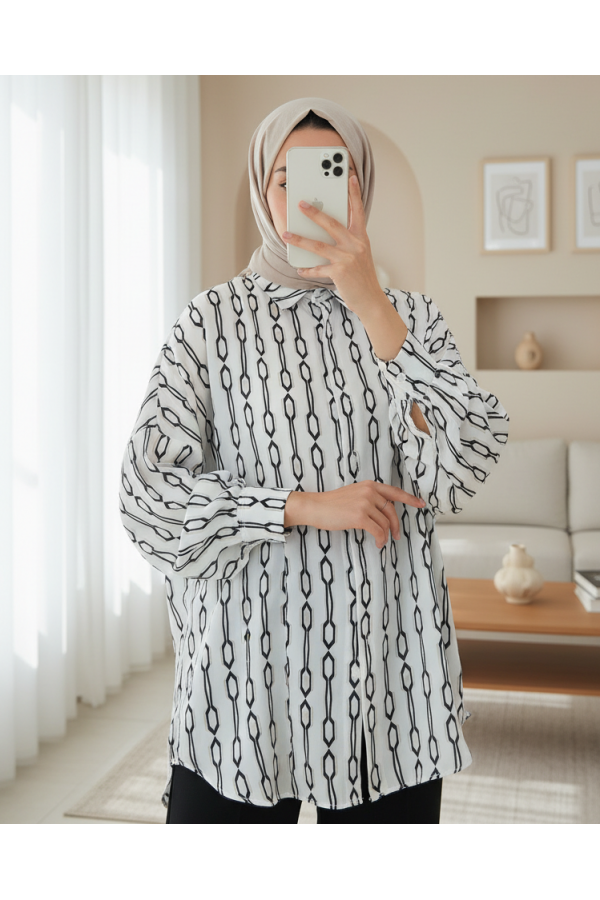 Kadın Siyah Beyaz Desenli Oversize Saten Gömlek 3985