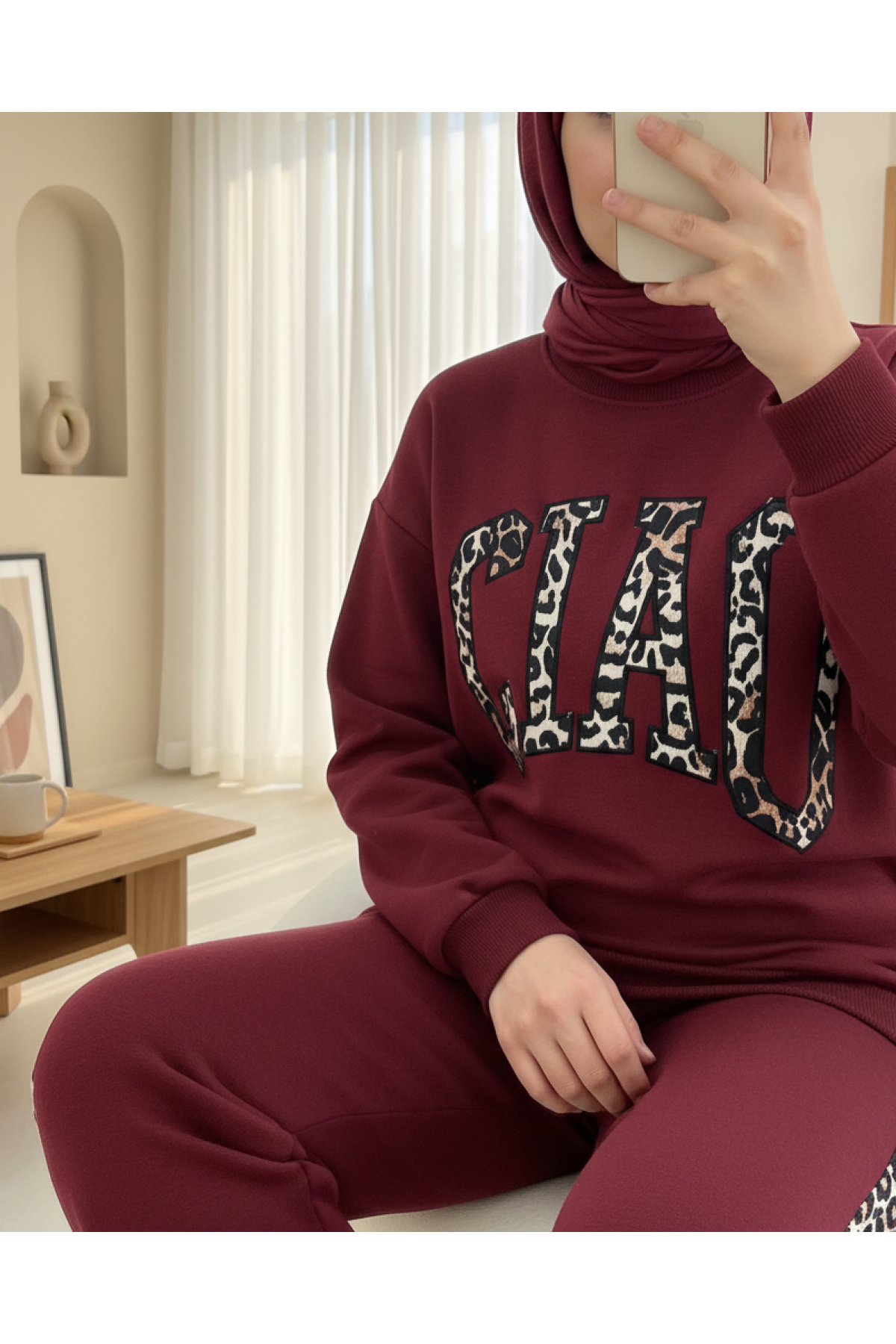 Önü Yazılı Leopar Deseni Detaylı Üç İplik Sweat Takım  -Bordo