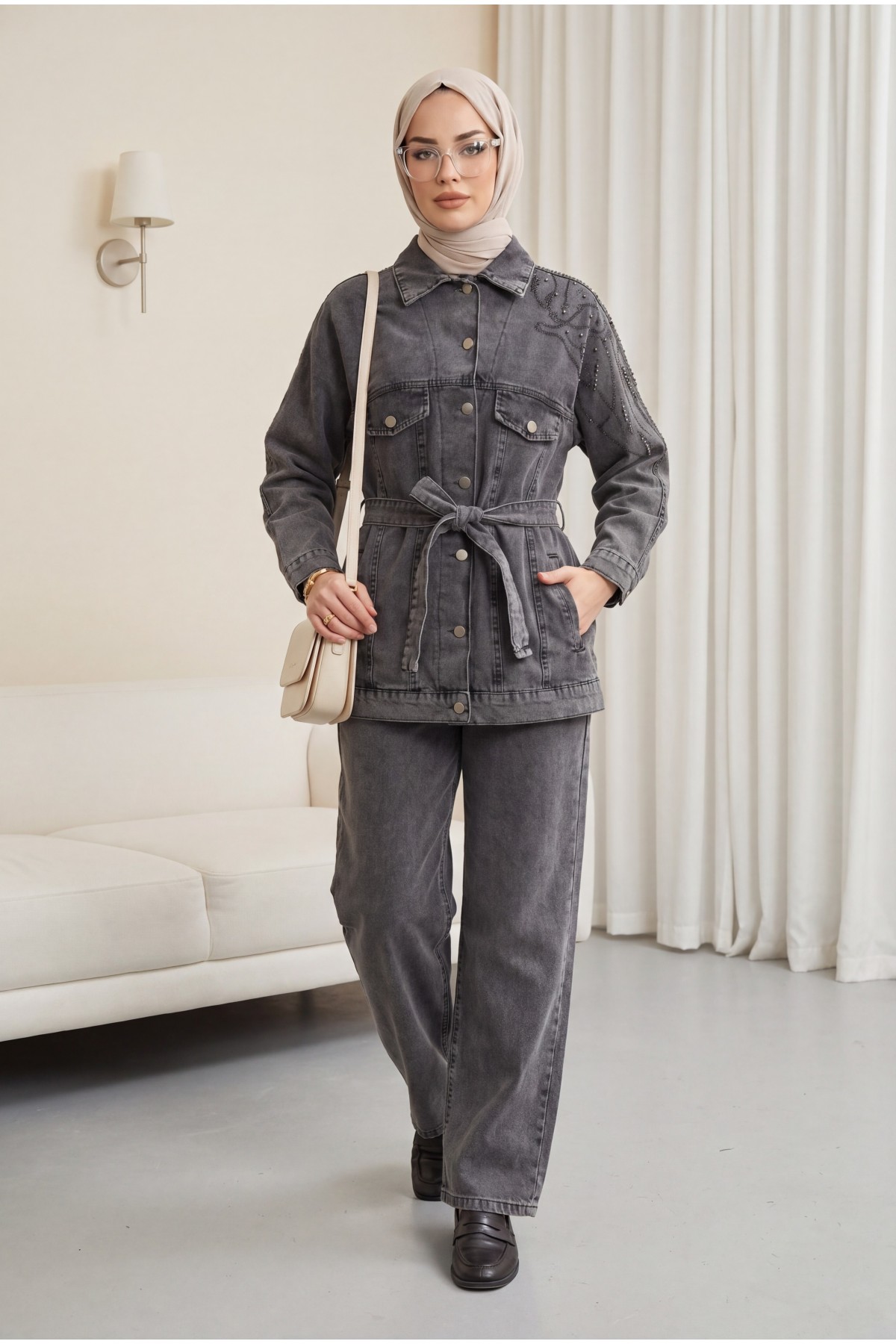 Denim Suit with Pocket Details, Button-Front Closure, Belted Waist, and Rhinestone Embellishments -Smoked 
