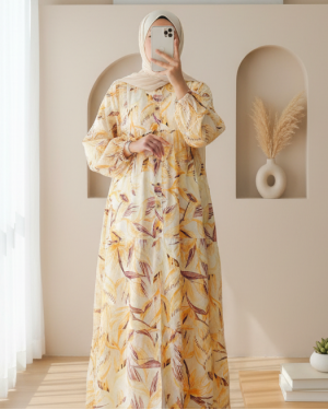 Floral Patterned Half Buttoned Dress with Elastic Sleeves -Mustard