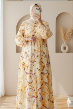 Floral Patterned Half Buttoned Dress with Elastic Sleeves -Mustard