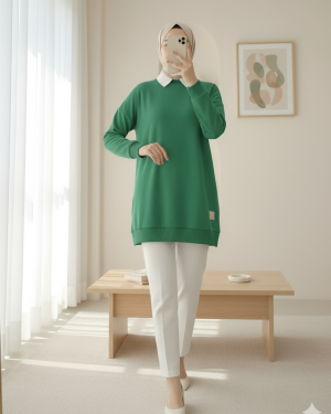 Crew Neck Slit Sweatshirt  -Forest Green