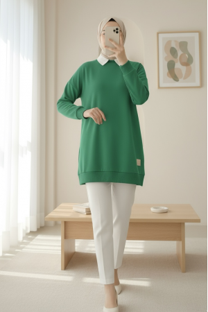 Crew Neck Slit Sweatshirt  -Forest Green