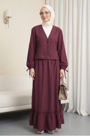V-neck, lace-up sleeves, button-down skirt viscose suit -Maroon