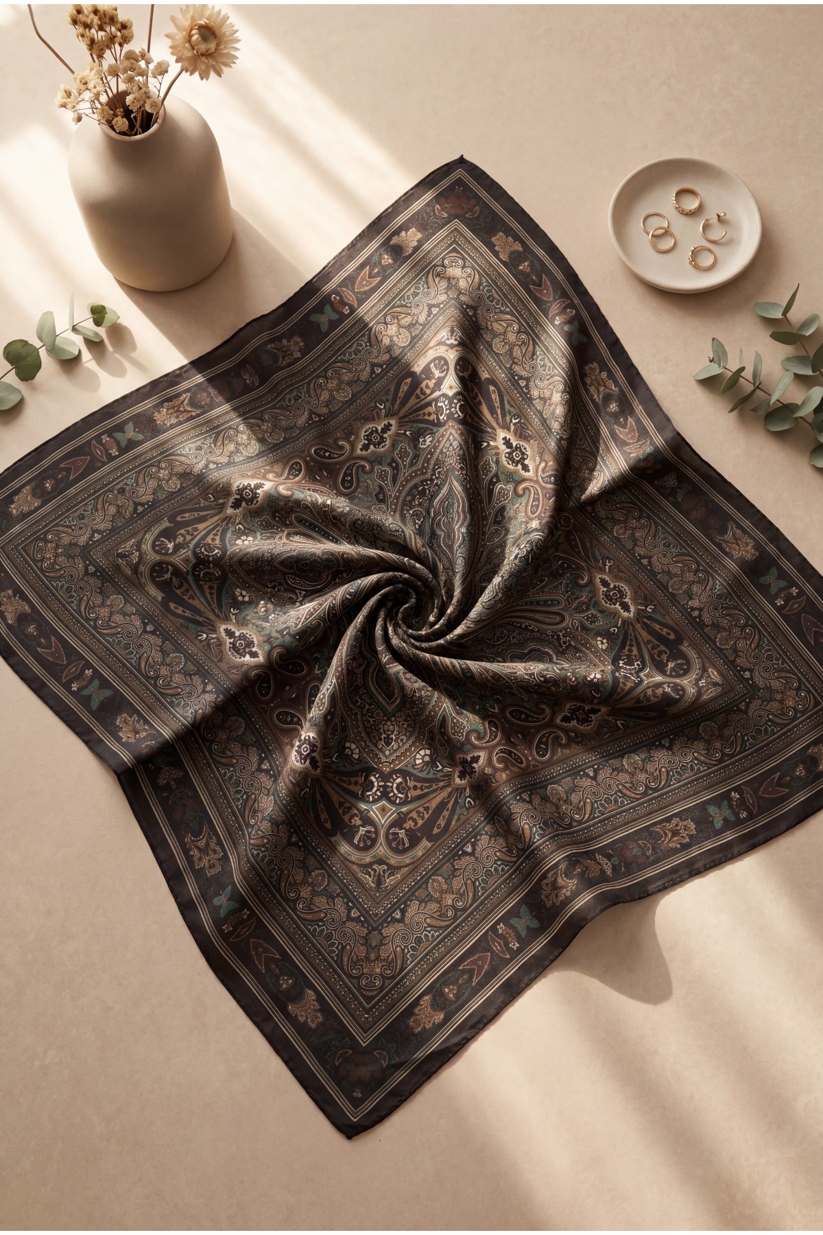 Framed Ethnic Pattern Cotton Scarf -Navy blue