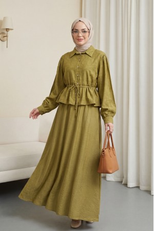 Taşlı Düğmeli Beli Bağlamalı Etekli Jakar Takım  -Yağ Yeşili