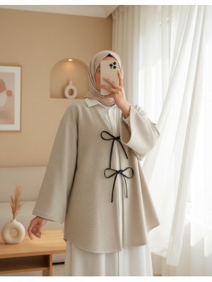Önü Bağcıklı Oval Kesim Kaşe Kimono     -Taş