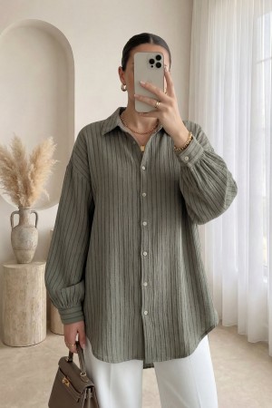 Dikiş Çizgili Arkası Uzun Salaş Müslin Gömlek  -Haki