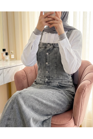 Yarım Düğmeli Cepli Kot Salopet -Füme