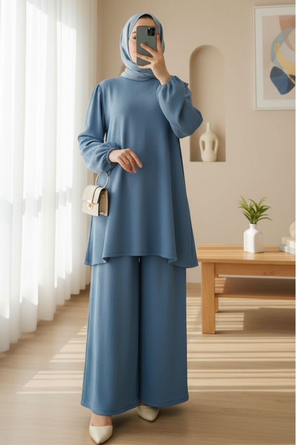 Kadın İndigo Tunik Pantolon Alt Üst Takım 6663