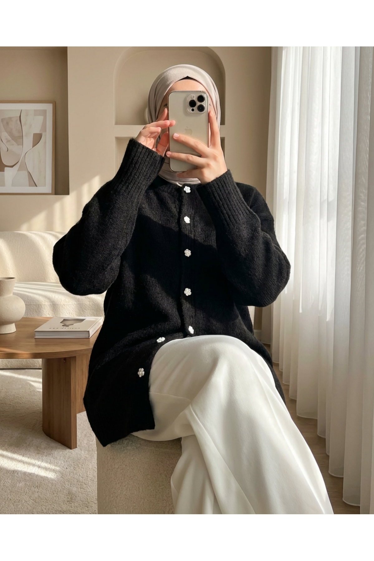 Soft, Loose Knit Cardigan with Stoned Buttons -Dark Coffee