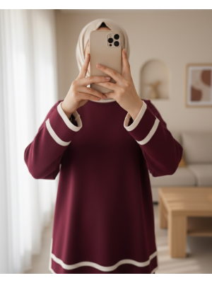 Manşetleri Şeritli İkili Triko Takım   -Bordo