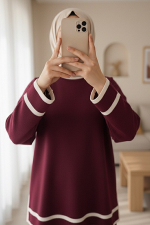 Manşetleri Şeritli İkili Triko Takım   -Bordo