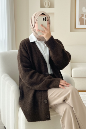 Düğmeli Salaş Triko Hırka -K. Kahve