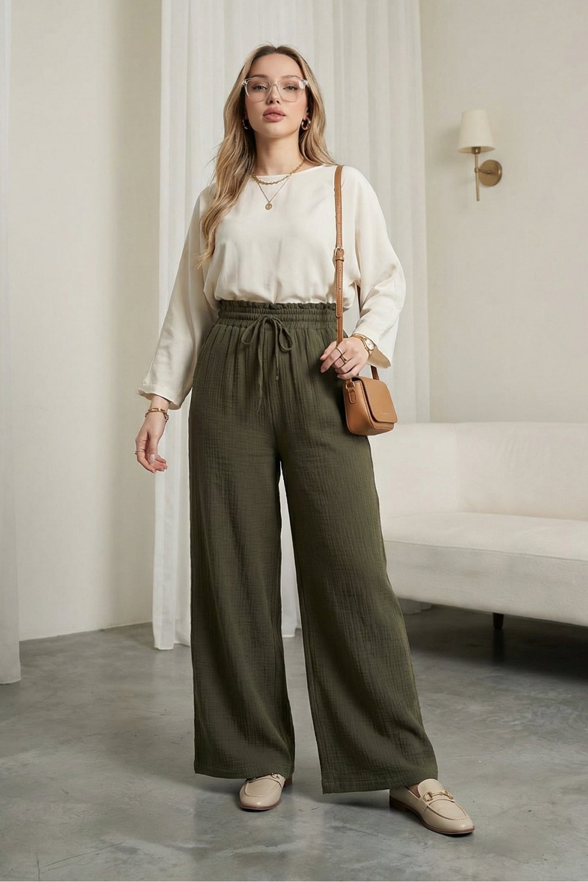Wide-leg muslin trousers with elasticated waist and drawstring. -Khaki