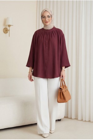 Yuvarlak Yaka Düğmeli İspanyol Kol Siena Tunik -Bordo
