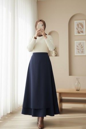 Cross Front Double Layer Scuba Skirt  -Navy blue