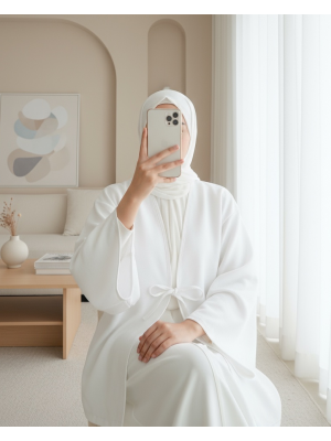 Önü Bağcıklı Poplin Kimono -Beyaz