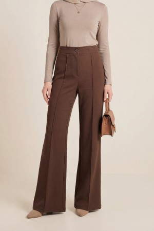 Düğmeli Beli Lastikli Likralı Palazzo Pantolon -K. Kahve