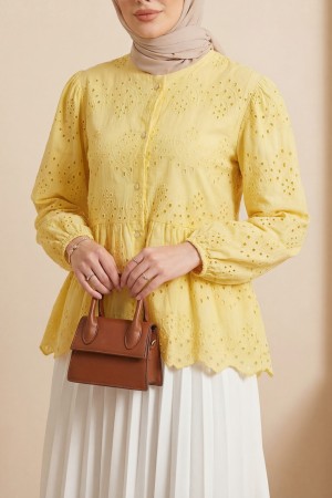 Kolu Lastikli Ajurlu Düğmeli Astarlı Gömlek  -Sarı