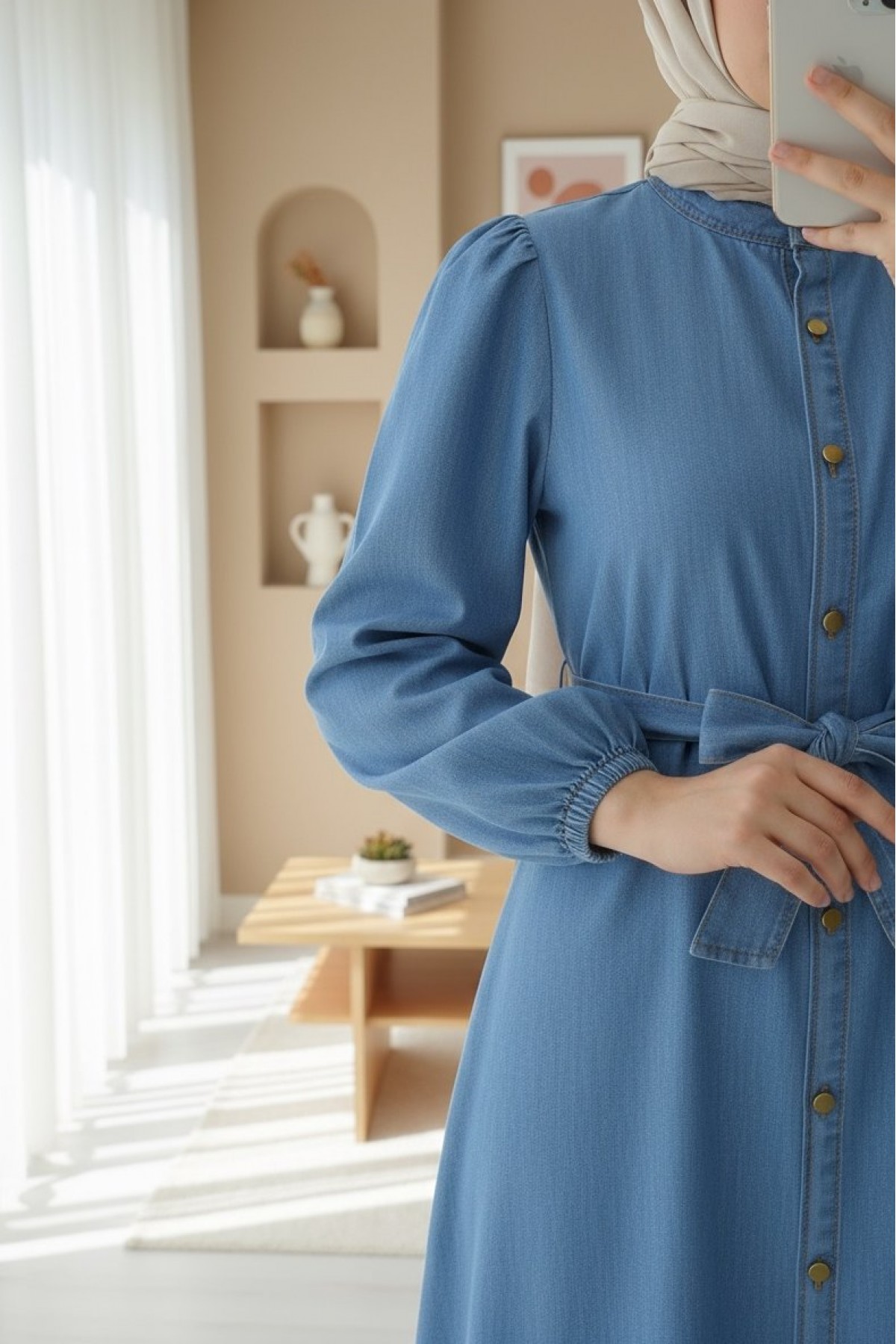 Buttoned Hem Ruffle Denim Dress -Blue