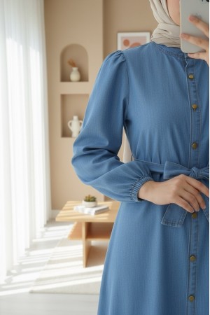 Buttoned Hem Ruffle Denim Dress -Blue