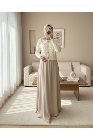 Taş Düğmeli Yırtıklı Krop Hırka  -Bej