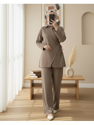 Çapraz Düğmeli Yandan Bağlamalı Yün Efekt Takım  -Açık Kahve