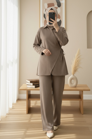 Çapraz Düğmeli Yandan Bağlamalı Yün Efekt Takım  -Açık Kahve